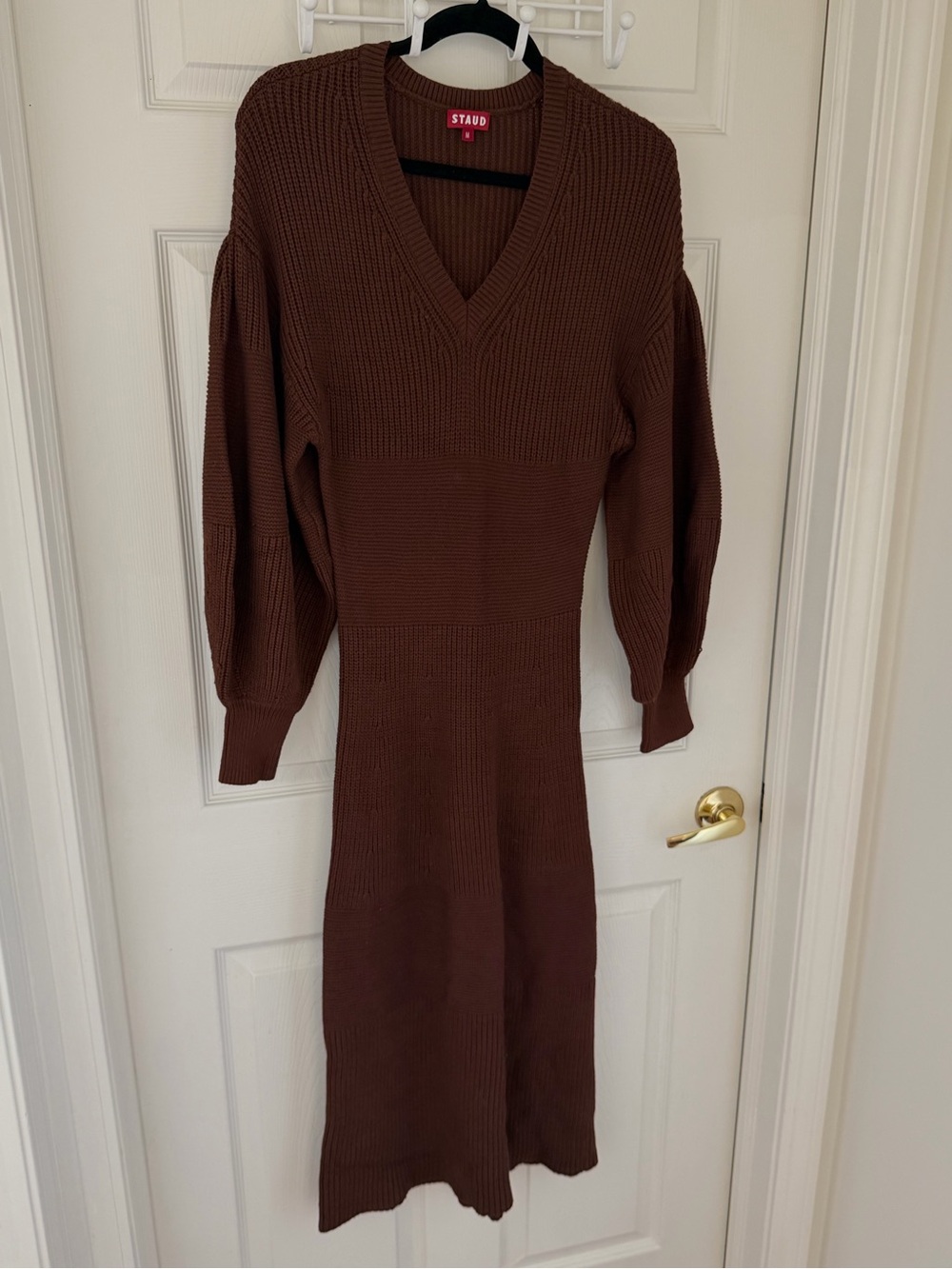 STAUD Chocolate Brown Ribbed V-Neck Midi Dress